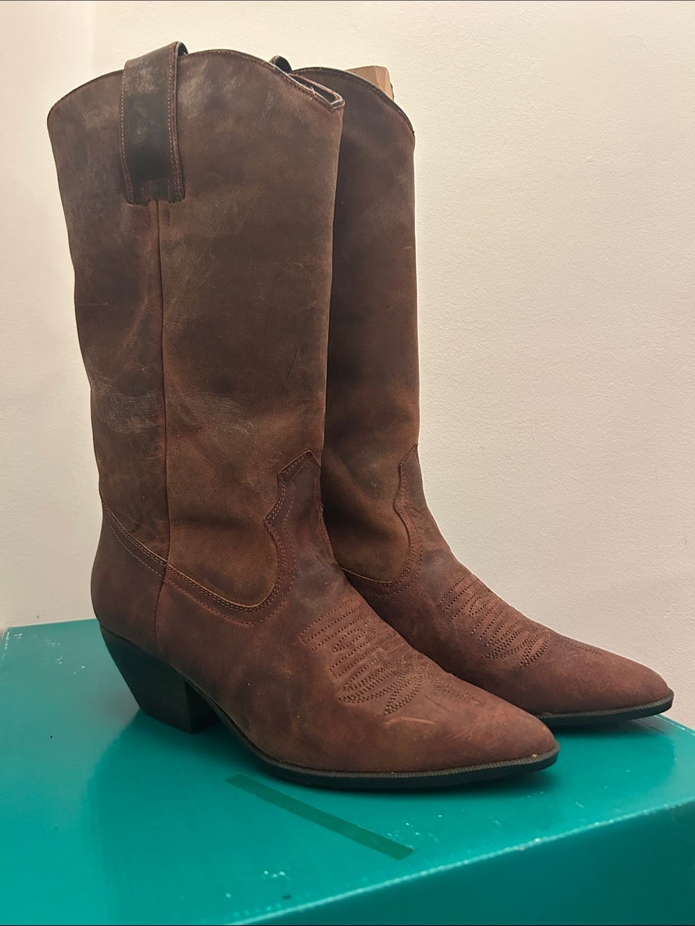 Maine Woods Brown Suede Western Mid-Calf Heeled Boots